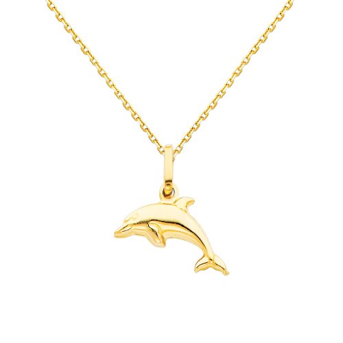 The World Jewelry Center 14k Yellow Gold Dolphin Pendant with 0.9mm Cable Chain Necklace