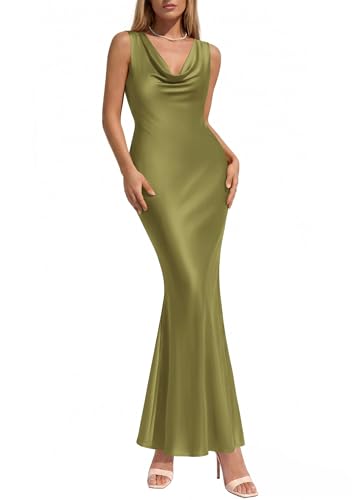 Image of KIRUNDO Womens Cowl Neck Sleeveless Bodycon Satin Maxi Dress | Formal Silk Long Dresses, Mermaid Hem, 2026 Summer Elegant Wedding Guest Cocktail Party Fall Outfits