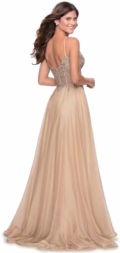 Women's Lace Appliques Prom Dresses Long V Neck Slit Evening Dress Spaghetti Straps Lace Formal Party Gowns3
