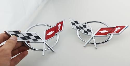 Image of Front Nose & Rear Deck Lid Crossed Flags Emblems Car Badge Nameplate 3D Logo Compatiable with 1997-2004 Corvette C5 19207384 19207385 2Pcs (Pair) (Chrome Red)