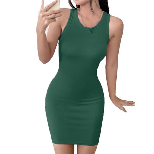 Image of Solid Sleeveless Round Neck Ribbed Western Bodycon Dress For Women