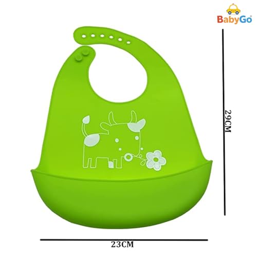 Image of BabyGo Silicone Baby Bib for Feeding & Weaning Infants & Toddlers |Waterproof, Washable & Reusable | Adjustable, Lightweight & Foldable Bib with Food Catcher Pocket |Light Green (Pack of 1)