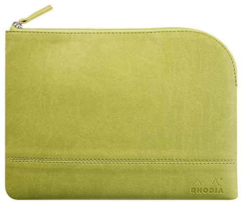 RHODIA 116631C - Pochette Zippée en Simili Cuir - Anis - Taille M (16 x 22 cm) - Coutures Véritables - Intérieur Tissu Orange - Rangement Documents, Petites...