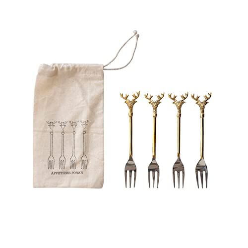 Creative Co-Op Stainless Steel and Brass Forks with Gold Finish Reindeer Handles, Set of 4 in Printed Drawstring Bag