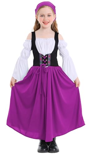SEAUR Vestido tirolés para niña para Oktoberfest bávaro, vestido tirolés con blusa y pañuelo triangular, vestido tradicional tradicional tirolés para niños, hombros descubiertos, mangas acampanadas,