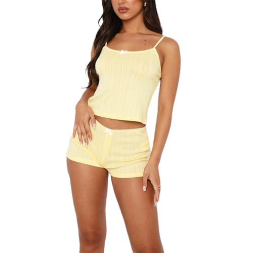 Image of Women's Two Piece Outfit Lace Trim Top and Shorts Set 2 Piece Lounge Sets Ladies PJs Summer Clothes