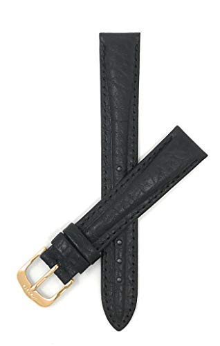 Bandini 16mm Womens Black Leather Watch Band Strap, Grained, Center Padded, Stitching, Thin, Slim - Gold Buckle