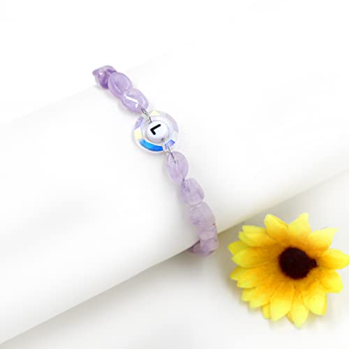 Image of Uloveido Purple Natural Stone and Austrian Crystal Letter Bracelet, Personalized Initial Jewelry for Women A-Z 26 Letters