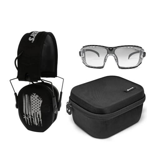 Walkers Game Ear Razor Slim Electronic Lightweight Shooting Hunting Range Hearing Protection Muffs Bundle with Protection and Safety Glasses and ProtectionCase (3 Items)