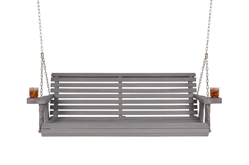 Image of Amish Casual Heavy Duty 700 Lb Capacity Porch Swing with Cup Holders (4 Foot, Semi-Solid Grey Stain) - Wooden Outdoor Roll Back Swing with Hanging Chains - Amish Made in the USA