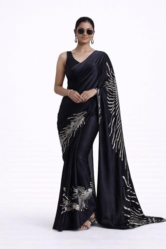 Image of Japan Satin Floral Print Saree for Women with Blouse Piece - Satin Finish Draped Saree