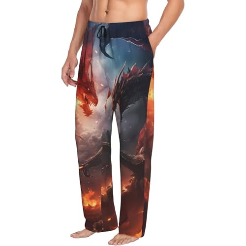 Mens Pajama Pants Bottoms With Pockets- Fire Sky Dragon Soft Men Lounge Pants, Comfy Mens Pj Pants