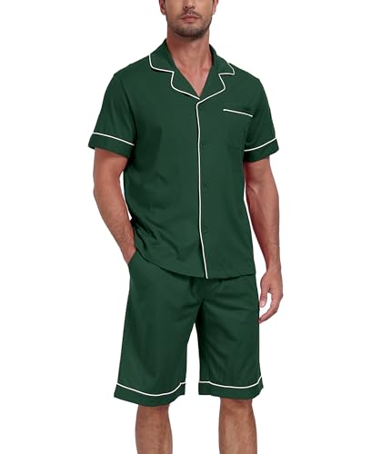 CF Mens 100% Cotton Pajamas Set Summer Shorts Button Down Pjs Soft Short Sleeve Lounge Set with Pockets & Front Fly