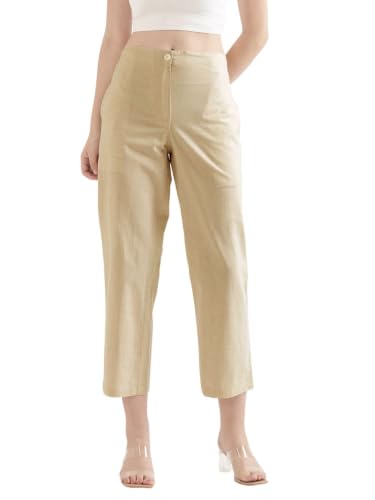 Image of SAADAA Women's Airy Linen Straight Pants | Regular Fit Trousers | Half Elasticated with Drawstrings & Buttons | 4 Pockets | Everyday & Office Wear