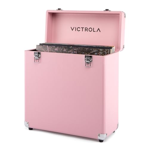 Image of Victrola Collector II - Vinyl Record Storage Case, Holds 30+ LPs - Pink | Vinyl record storage case, holds 30+ 12 inch LPs or 15+ gatefolds, two latching clasps, carry handle, soft-lined interior
