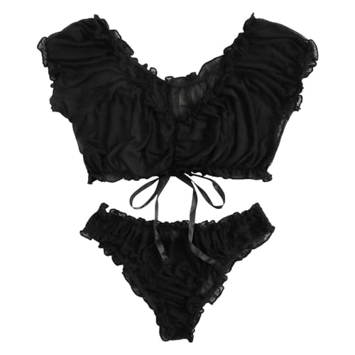 Pijamas sexys para Mujer, Ropa de Dormir de Malla, Conjuntos de Piezas, camisón de Talla Grande, lencería sólida y Pantalones Y Sujetador (d-Black, S)