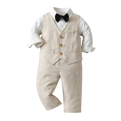 Yishengwan Trajes para Bebé Niños de Boda Ceremonia, Bautizo Conjunto de Chaleco, Camisa, Pantalón, Pajarita, Caqui 9 12 Meses