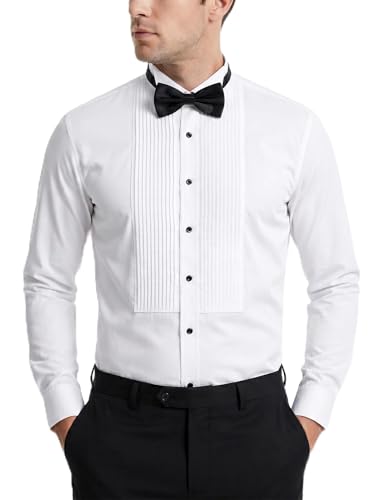 FAHIZO Men's White Tuxedo Shirt with Wing Collar, French Cuffs & Accessories-Black Bow Tie, M