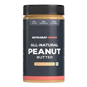 Nutrabay Foods All-Natural Peanut Butter (Creamy) - Unsweetened, 750g | 100% Roasted Peanuts, 28g Protein, Zero Cholesterol, Vegan, Gluten Free, Non GMO