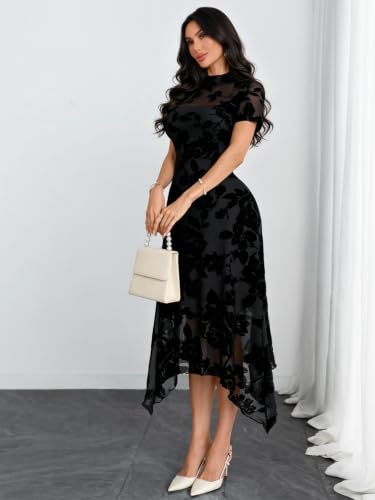 Image of GothDark Women Summer Wedding Guest Floral Mesh Irregular Hem Midi Dress