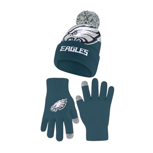 Ultra Game NFL Official Youth Super Soft Winter Beanie Knit Hat with Extra Warm Touch Screen Gloves, Philadelphia Eagles, Team Color 2, 1SIZE