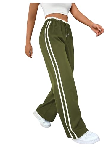 Verdusa Women's Baggy Straight Leg Pants Striped Athletic Pants Drawstring Waist Street Loose Trousers