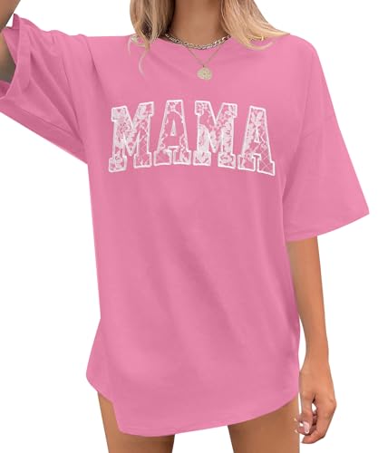 Lace Mama Shirt Women Oversized Mom Bow Graphic Shirts Mama Letter Print Short Sleeve Clothes