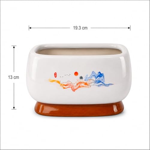 Image of Xtore Graceful Hand-Painted Ceramic Bonsai Planter Pot for Indoor & Tabletop Decor | Wide Round Bowl with Artistic Motif & Drainage Hole (Pack of 1, Planter Only)