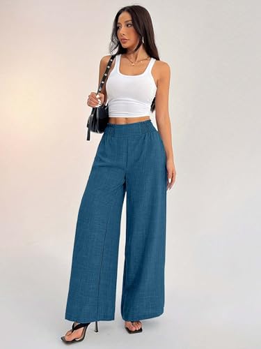 Image of Sugathari Women's Casual Wide Leg Pants - High Waist Elastic Waistband Loose Fit Long Trousers | Lightweight Straight Leg Summer PantsTrouser 254