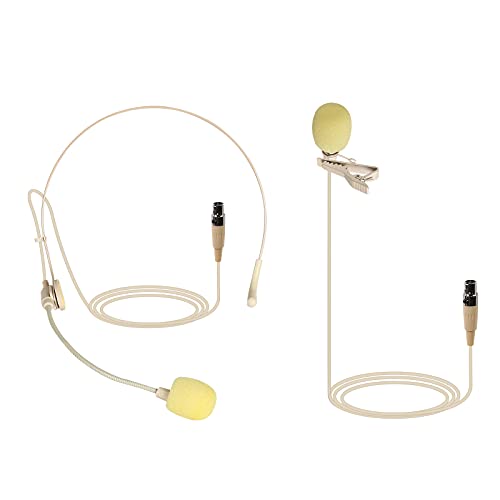 Phenyx Pro Beige Lavalier Lapel & Headset Mic Combo With Mini XLR Jack, Hands-Free Clip-on, Flexible Wired Boom Headset, Compatible With All Wireless Mic Systems