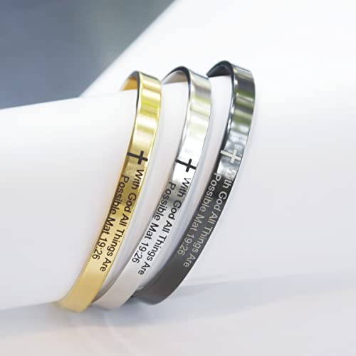 Renyilin 3Pcs Religious Prayer Bracelet Cross Engraved With Bible Verse With God All Things Are Possible. Mat 19:26" Inspired By Baptism Faith Cuff Jewelry #TOP5