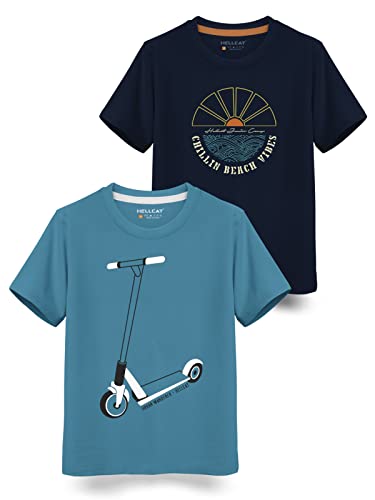 Image of HELLCAT Trendy Typographic Printed Cotton Blend Half Sleeve T-Shirt for Boys - Pack of 2