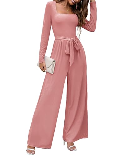 Jumpsuits For Women Dressy Long Sleeve Square Neck Casual Belted ...