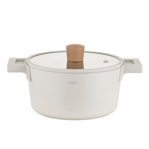 FLORINA Nube cacerola de aluminio | 20 cm | 2,8 l | Apta para inducción | Recubrimiento cerámico resistente a arañazos | Asa suave al tacto con aspecto de madera | Tapa de cristal resistente al calor