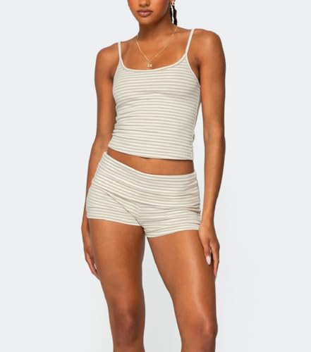 Women 2 Piece Striped Pajama Set Y2k Sleeveless Cami Tank Top and Fold Over Shorts Lounge Set Sleepwear2