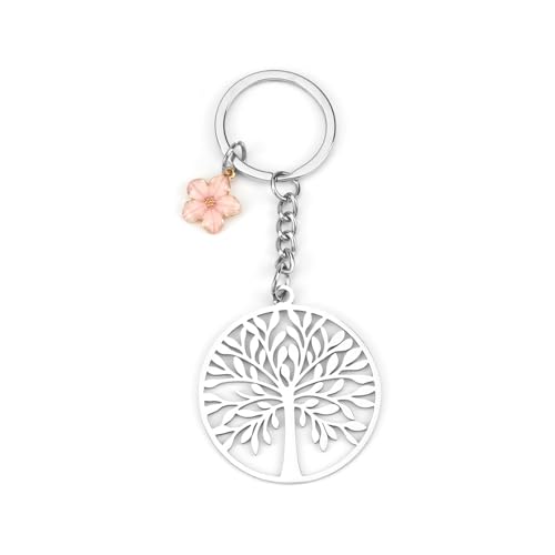 Baum des Lebens Schlüsselanhänger, Runde Lebensbaum Anhänger mit Blume, Glücksbringer für Frauen, Schlüsselring Keychain Schmuck, Spirituelle Esoterik Geschenke