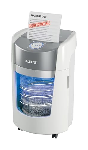 Leitz IQ Optimax Small Office 350 P5 Aktenvernichter, Mikroschnitt, Bis 8 Blatt 80 g/m², 33 Prozent mehr Volumen, 22 L Behälter für 350 x A4, Leiser Betrieb, 20 Min Laufzeit, Weiß, 83590000