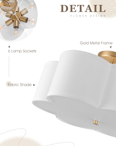 Image of 18 inch Gold Semi Flush Mount Ceiling Light with White Fabric Shade