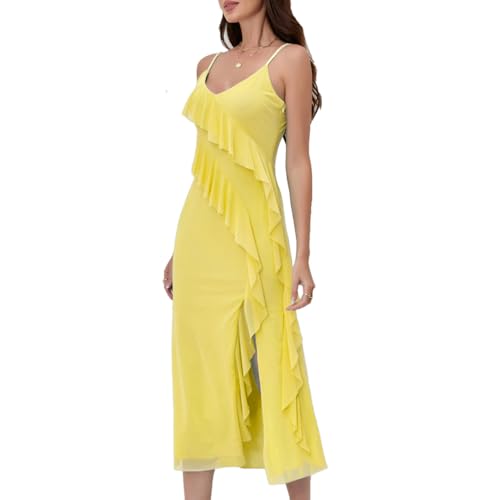 Image of Women's Spaghetti Strap Ruffle Side Split Long Dress Bodycon Beach Maxi Dresses
