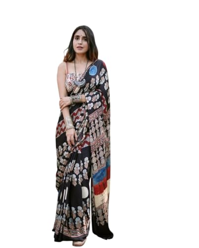 Image of SATIKA VASTRAM Modal Silk Ajrakh Saree Bandhani Design Crepe Printed Designer Pallu Attach Blouse Piece