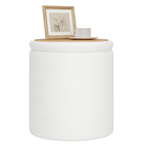 WOLTU Tabouret de Rangement Rond, Repose-Pieds Pliable avec Couvercle Amovible, Ø40,5 x H43 cm, en Tissu Polaire, pour Entrée, Chambre, Salon, en Blanc