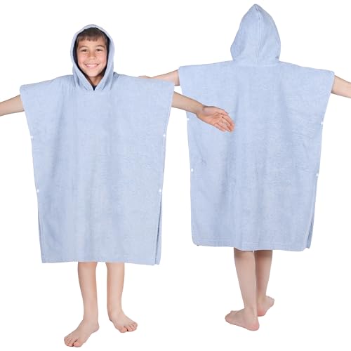 Image of Superior Kids Cotton Terry Poncho, Soft, Absorbent Bath Towel with Hood, Bathroom Accessories, Long, Plush Bathrobes for Bath, Shower, Spa, Resort, Hotel, Beach, Pool, Boy, Girl, Large Size, Blue