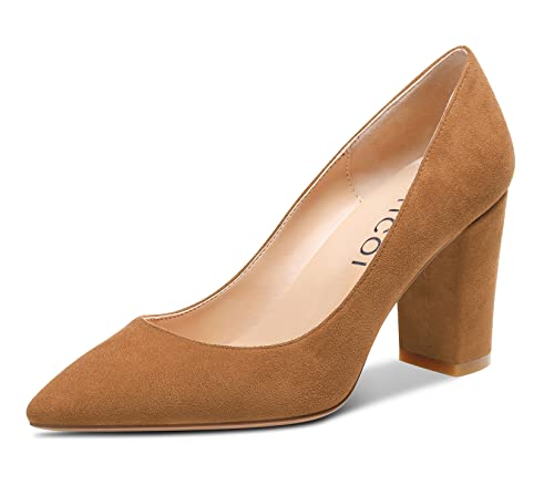 Aachcol Women Chunky Block Mid High Heel Pumps Slip-on Pointed Toe Dress Shoes Office Party Wedding Suede 3 Inch