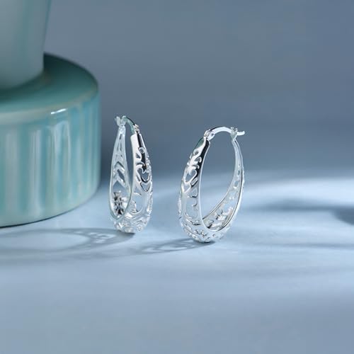 Image of TRUESILVER ACPL 925 Sterling Silver BIS Hallmarked Filigree Hoop Earrings for Women & Girls | Lightweight Designer Oval /Round Hoops | Everyday Wear | Gift for Her