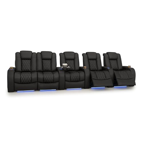 Image of Seatcraft Diamante Black Italian Leather Home Theater Seating, Zero Gravity Power Recliner Gaming and Home Office Chair, Powered Headrest Lounge Sofa Furniture for Cinema Room, Row of 5 Left Loveseats