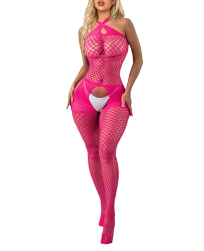 Sesiwadbe Lingerie for Women Bodystocking Attached Thigh High Stockings One Piece Bobydoll Bodysuit Sexy TightsRoseRed M