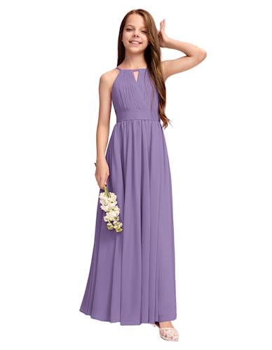 Junior Bridesmaid Dress, Flower Girl Dresses Bow Pleated Halter Floor-Length Chiffon Formal Dress for Party Wedding