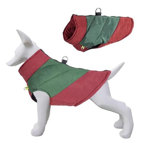 Dog Winter Warm Coat with D-Ring,Slightly Waterproof Pet Color Blocking Jacket Dog Cold Weather Clothing for Small Medium Large Dogs_S(Wine Red & Green)