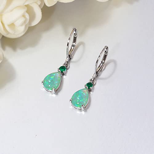 Cinily Womens Opal Dangle Earrings For Girls Leverback Drop Earrings 14K White Gold Plated Green Cubic Zircon Teardrop Gemstone Earrings Jewelry Gift Sensitive Ears #TOP5