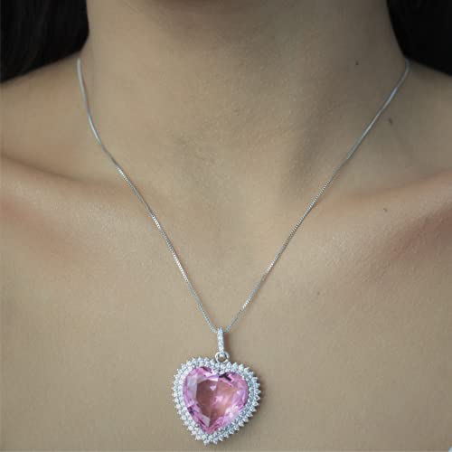 Colar com pingente de coração médio em pedra natural rosa folheado em ródio branco